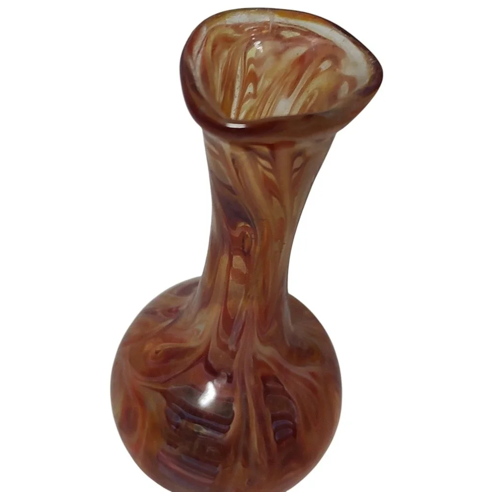 Hand Blown Glass Mini Vase With Orange‎ Swirl Design Vintage 4.5 Inches